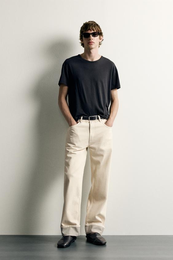 CONTRAST TURN-UP STRAIGHT-LEG JEANS - Ecru by Zara - Image 0