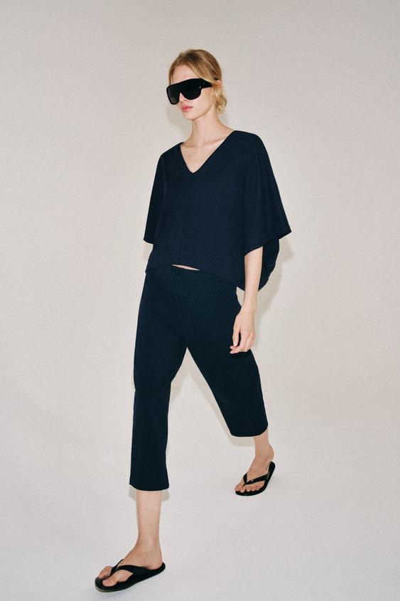 COTTON CAPE-STYLE T-SHIRT - Navy blue by Zara - Image 0