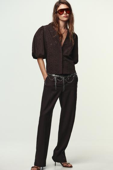 SHIRT WITH CUTWORK EMBROIDERY AND PUFF SLEEVES - Brown by Zara - Image 0