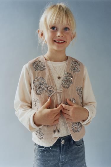 VELVET VEST WITH EMBROIDERED SEQUIN FLOWERS - Beige-pink by Zara