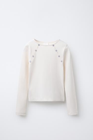 RIBBED CUT-OUT BUTTON T-SHIRT - Ecru by Zara