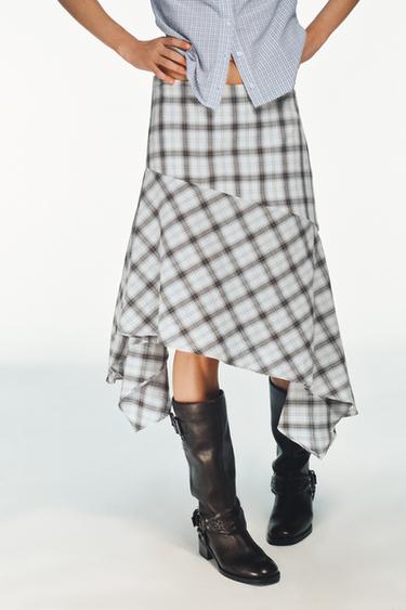 ASYMMETRIC CHECK SKIRT - Ecru / Blue by Zara
