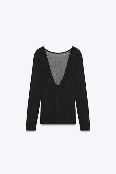 SEMI-SHEER T-SHIRT WITH DRAPED BACK - Black by Zara