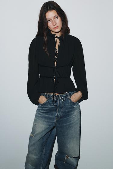 GEORGETTE BLOUSE WITH VELVET TIES - Black by Zara