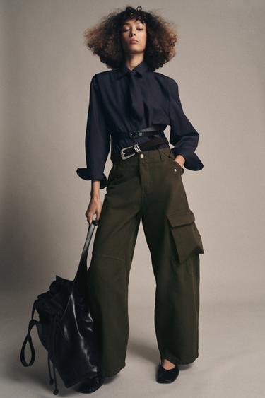 ZW COLLECTION POPLIN SHIRT WITH TIE - Navy blue by Zara