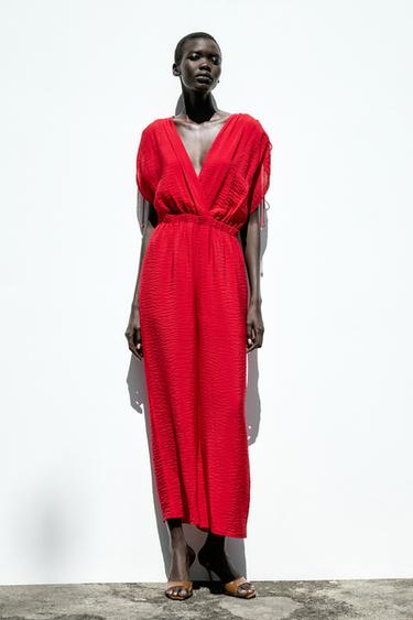 WIDE-LEG V-NECK JUMPSUIT - Red by Zara - Image 0