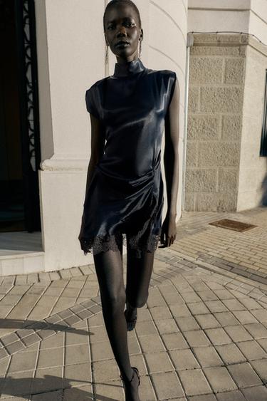 MINI SATIN DRESS WITH LACE DETAIL - Navy blue by Zara