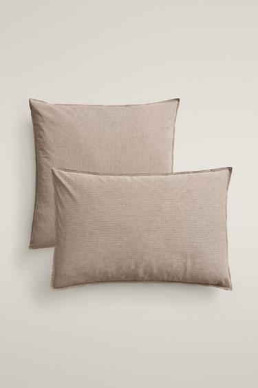 FADED STRIPED COTTON PILLOWCASE - Brown by Zara