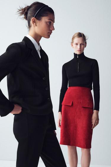 100% LEATHER MIDI SKIRT - Bright red by Zara