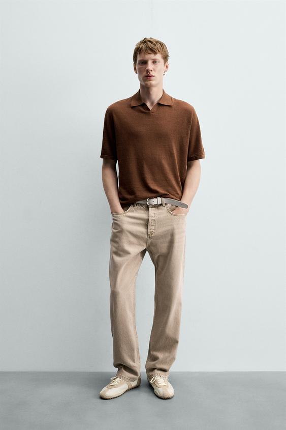 HEMP/COTTON KNIT POLO SHIRT - Brown marl by Zara - Image 0