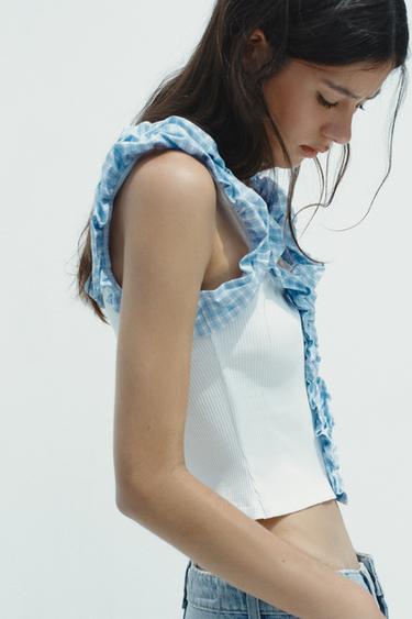 GINGHAM RIBBED TOP - Oyster-white by Zara