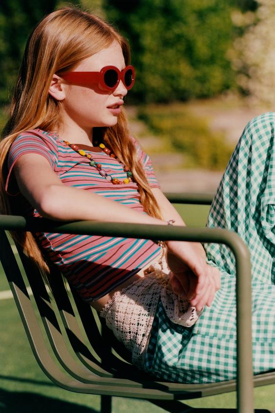 GINGHAM WIDE-LEG TROUSERS - White / Green by Zara - Image 0