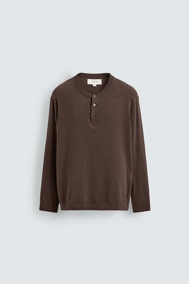 COTTON BLEND HENLEY NECK JUMPER - Chocolate by Zara