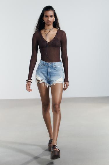 HIGH-WAIST CURVED DENIM SHORTS - Blue by Zara - Image 0