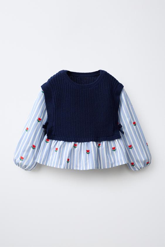 TULIP EMBROIDERED SHIRT WITH KNITTED VEST - Navy blue by Zara - Image 0