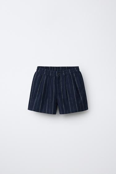 STRIPED COTTON LINEN BERMUDA SHORTS - Navy blue by Zara