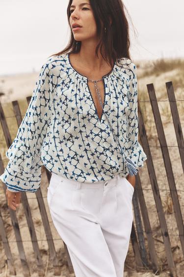 PRINTED BLOUSE WITH METALLIC THREAD - Ecru / Blue by Zara