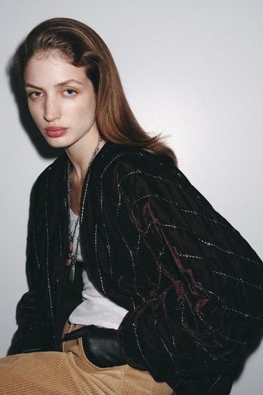 QUILTED VELVET KIMONO WITH BEADS - Brown by Zara