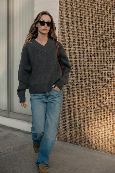 KNIT V-NECK JUMPER - Dark grey by Zara