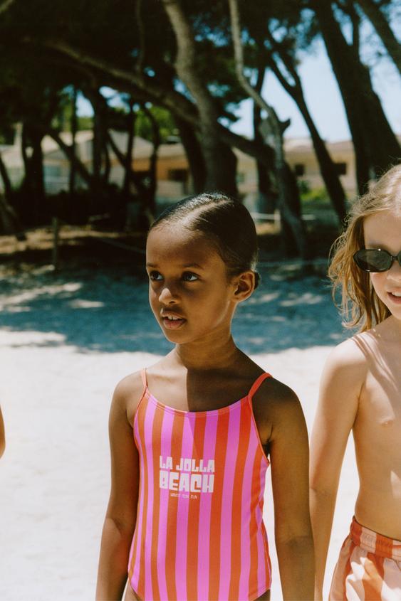 6-14 YEARS / LA JOLLA BEACH STRIPED SWIMSUIT WITH SLOGAN - Neon orange by Zara - Image 0