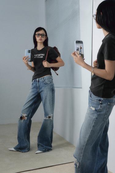 TRF MID-WAIST RIPPED FLARE JEANS - Blue by Zara