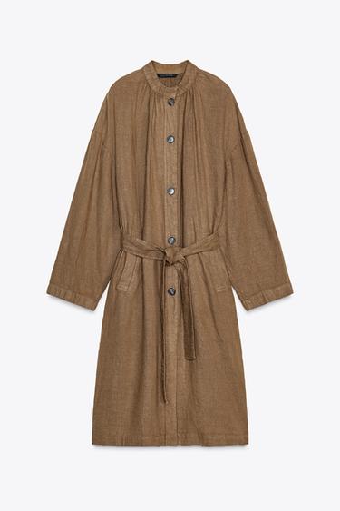 100% LINEN LONG OVERSHIRT ZW COLLECTION - Brown by Zara