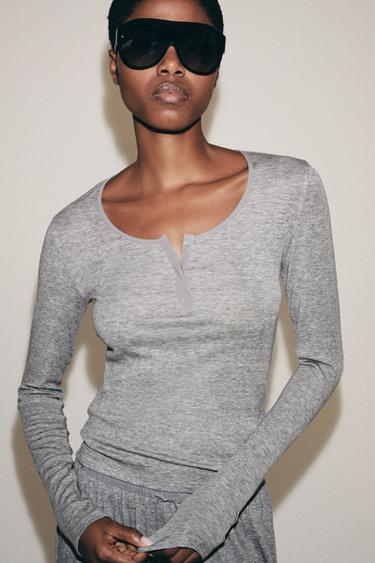 BUTTONED HENLEY T-SHIRT - Grey by Zara