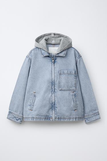 DENIM OVERSHIRT WITH DETACHABLE HOOD - Mid-blue by Zara