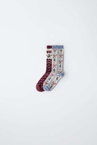2-PACK OF LONG GREEK KEY AND BOW SOCKS - Burgundy by Zara