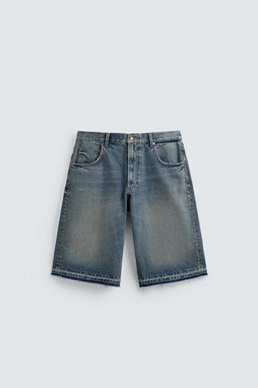 BAGGY FIT DENIM BERMUDA SHORTS WITH METAL STUDS - Blue by Zara
