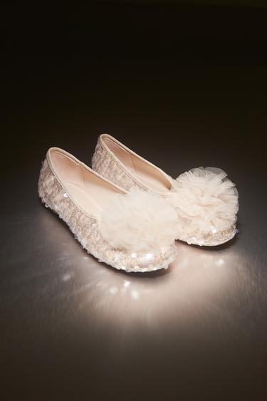 SEQUIN POMPOM BALLET FLATS - Ecru White by Zara