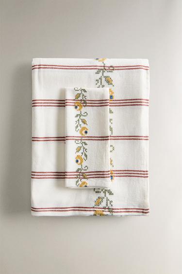 FLORAL CROSS STITCH EMBROIDERY TABLECLOTH - Terracotta by Zara
