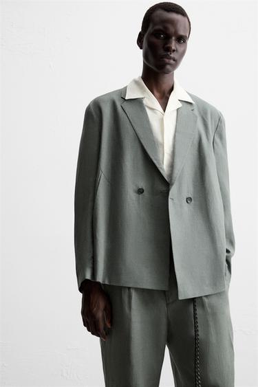 DOUBLE-BREASTED 100% LINEN SUIT BLAZER - washed green by Zara