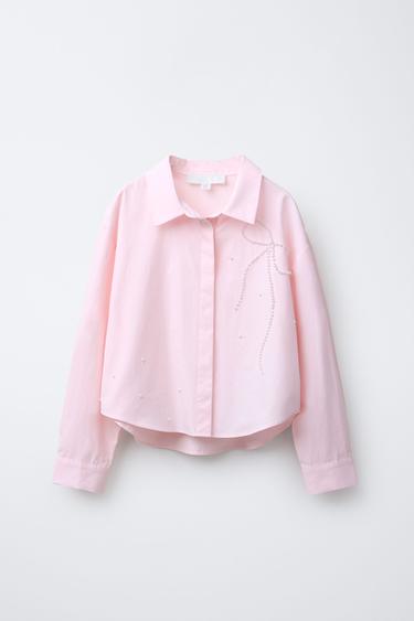 POPLIN SHIRT WITH FAUX PEARL BOW - Pink by Zara