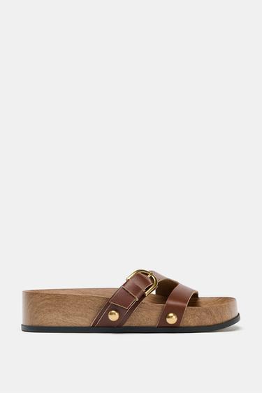 LEATHER STRAPPY PLATFORM SANDALS - Brown by Zara