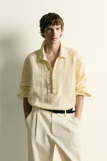 100% LINEN POLO SHIRT - Pastel yellow by Zara