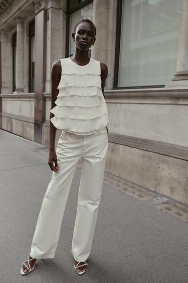 SATIN TOP WITH RUFFLES - Ecru by Zara