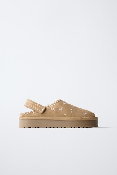 EMBROIDERED SHEEPSKIN CLOGS - Brown by Zara - Image 0