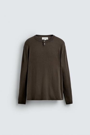 COTTON-CASHMERE BUTTON NECK SWEATER - Chocolate by Zara