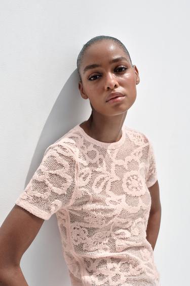 TEXTURED FLORAL KNIT TOP - Light pink by Zara