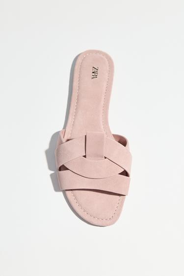FLAT LEATHER CROSS-STRAP SANDALS - Pink by Zara
