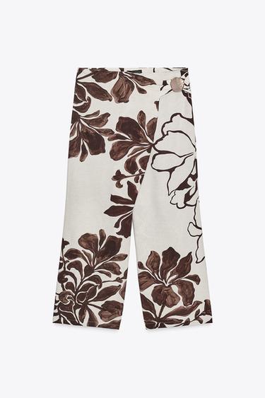 FLORAL PRINT WRAP TROUSERS - Ecru / Brown by Zara