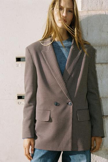 OVERSIZE DOUBLE-BREASTED CHECK BLAZER - Brown / Ecru by Zara