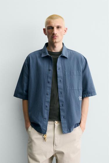 EMBROIDERED TEXTURED OVERSHIRT - Blue by Zara