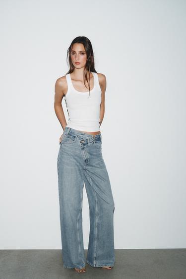 TRF WIDE-LEG HIGH-WAIST JEANS WITH CROSSOVER WAIST - Mid-blue by Zara
