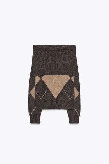 DIAMOND PATTERN STRAPLESS KNIT SWEATER - Grey / Beige by Zara
