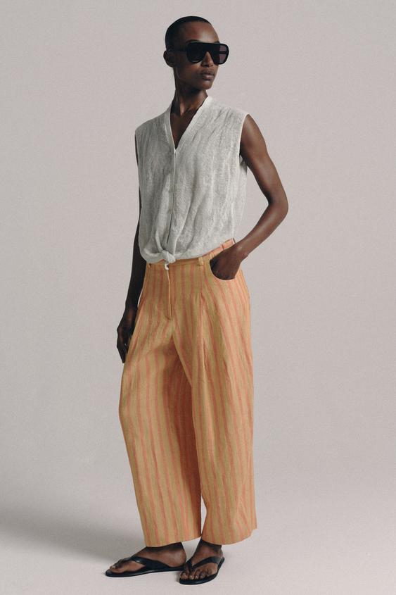 ZW COLLECTION STRIPED LINEN BLEND TROUSERS - Orange by Zara - Image 0