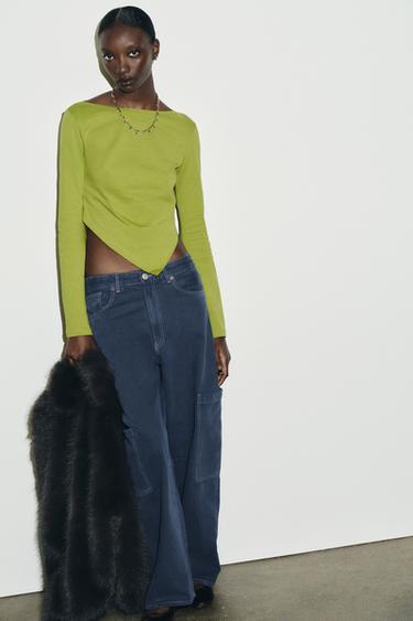 ASYMMETRIC BOAT NECK T-SHIRT - GREEN by Zara