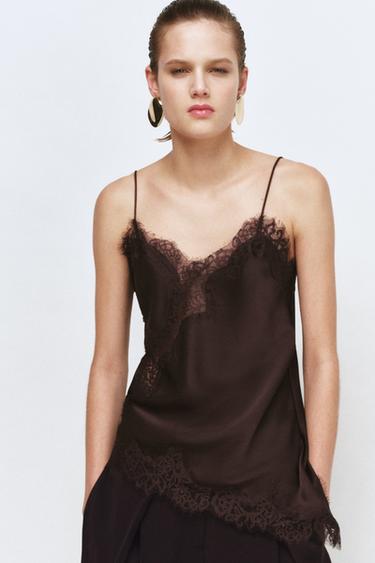 ZW COLLECTION LACE CAMISOLE TOP - Brown by Zara