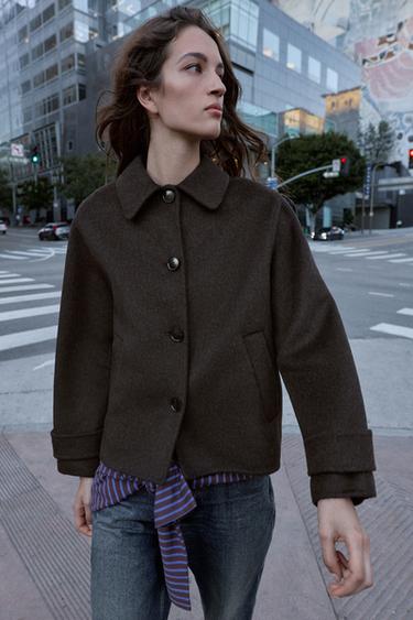 CROPPED WOOL COAT - Dark brown by Zara